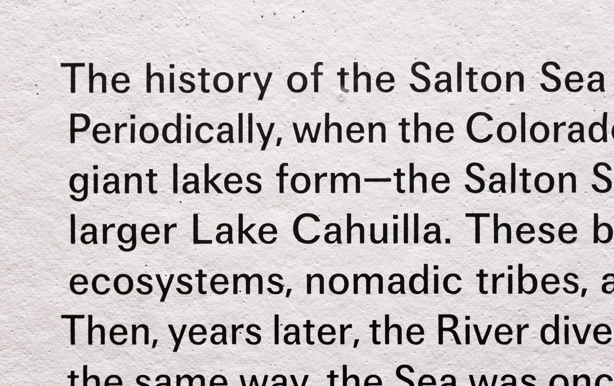 Focal Regular cut in vinyl and applied to a wall for the Limits of Visibility exhibition at USC Architecture. The cropped text concerns the history of the Salton Sea and surrounding ecosystems.